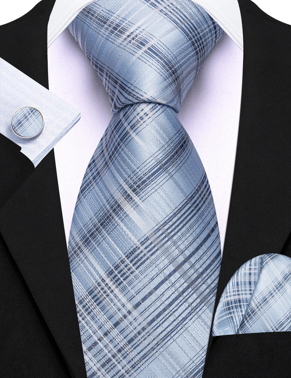 Gravata Masculina Xadrez de Poliéster com Lenço de Bolso e Abotoaduras