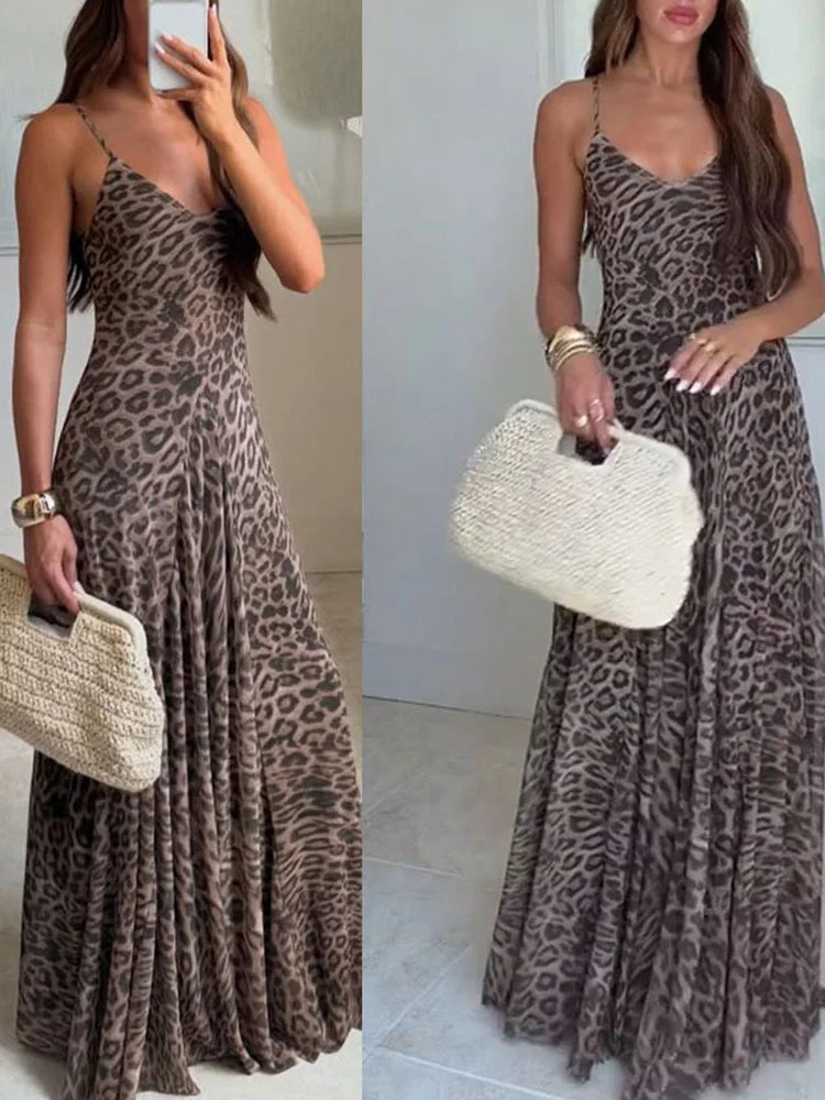 Vestido Feminino Verão Leopardo Cintura Alta Sem Costas Decote V Longo Maxi Chic