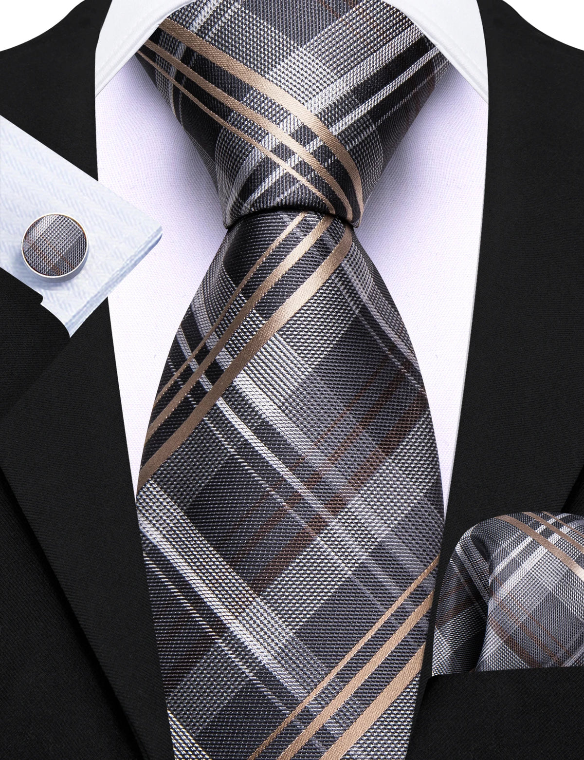 Gravata Masculina Xadrez de Poliéster com Lenço de Bolso e Abotoaduras