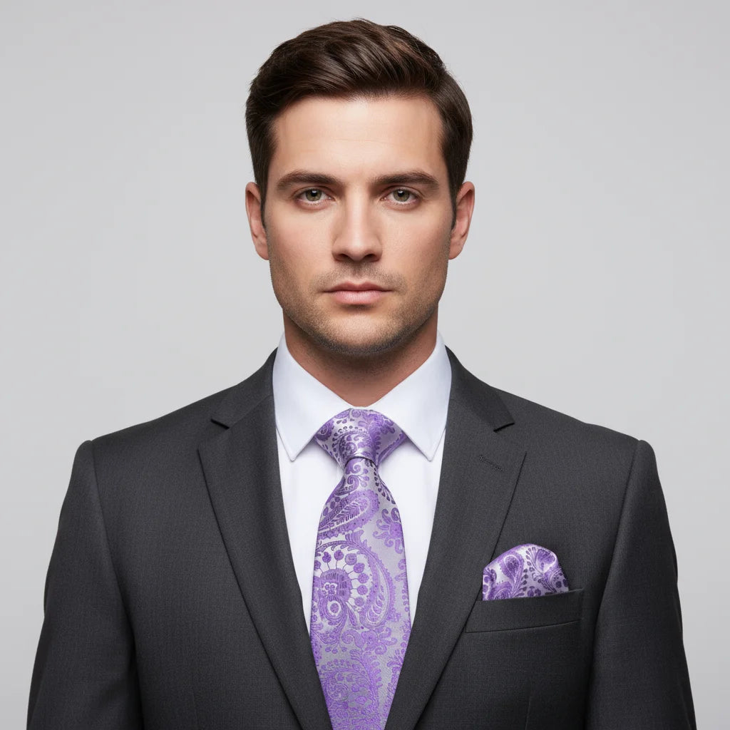 Conjunto 3 Peças Gravata Masculina Poliéster Roxa com Lenço e Abotoaduras