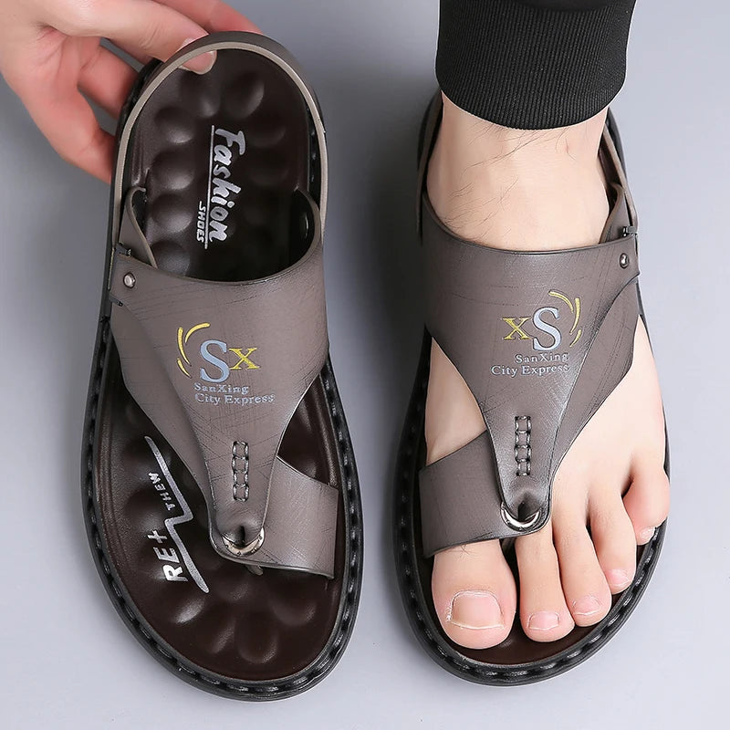 Sandália Masculina de Couro PU de Sola Grossa Antiderrapante