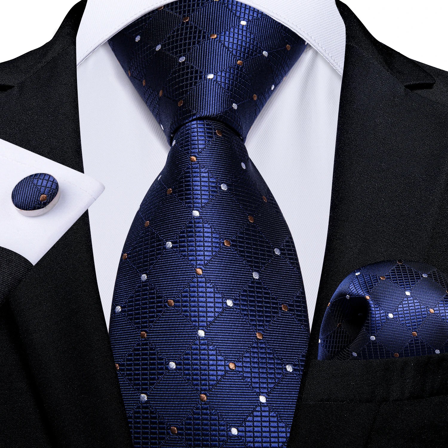 Conjunto Gravata Azul Escuro Masculina Com Lenço E Abotoaduras Para Casamento