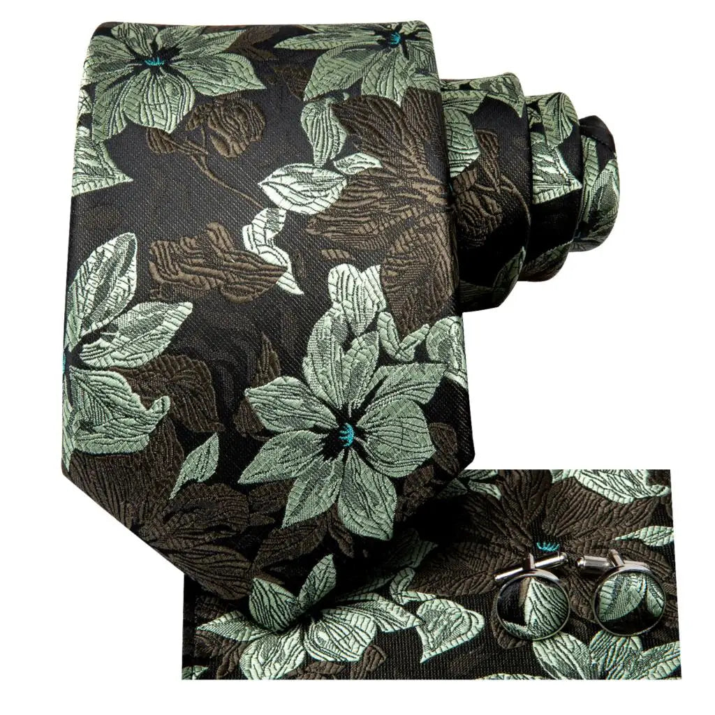 Conjunto de Gravata Masculina Floral Verde