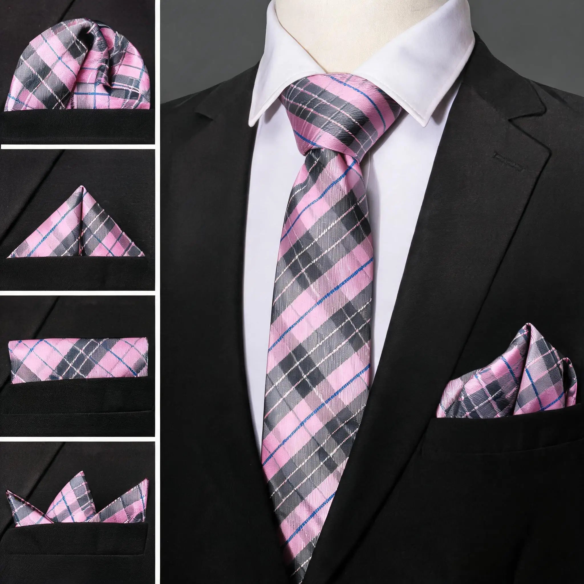 Gravata Masculina Rosa Xadrez com Lenço de Bolso