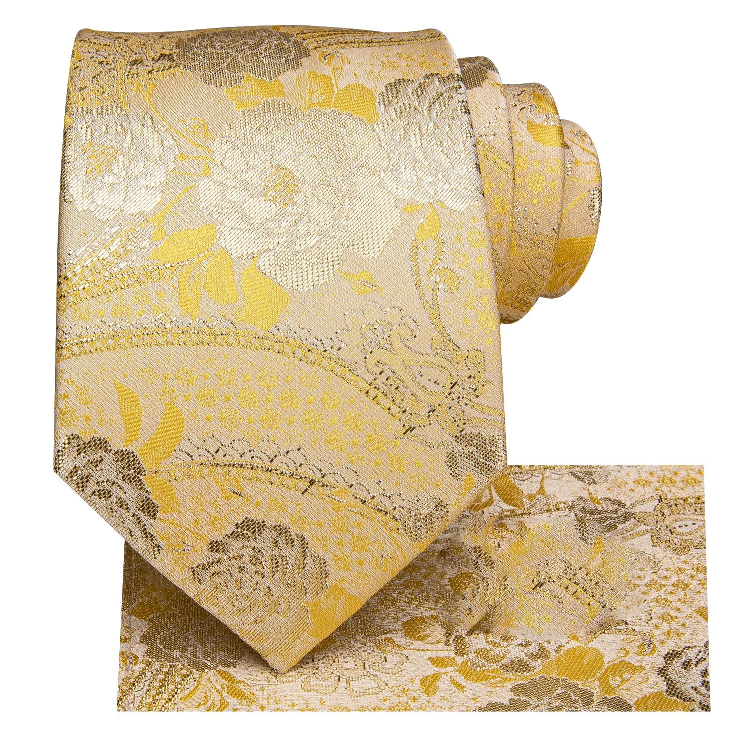 Gravata Masculina de Poliéster Amarelo Floral com Lenço de Bolso