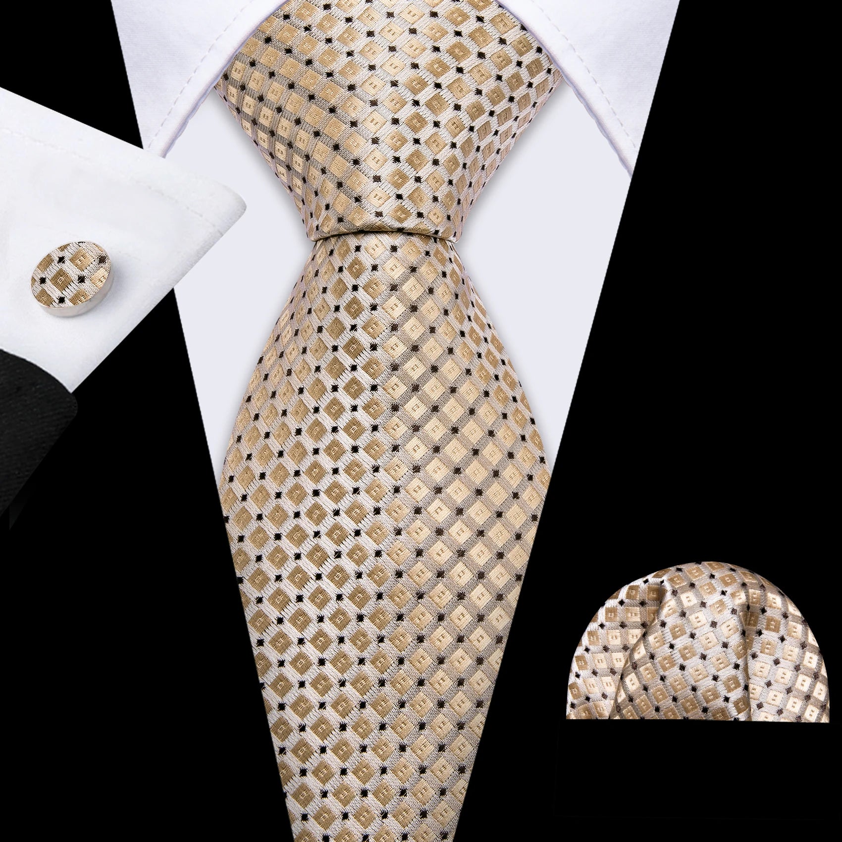 Square Dots Men Tie Handkerchief Cufflinks Set Woven Necktie For Wedding Party Business Male Ties Gift Casual Formal