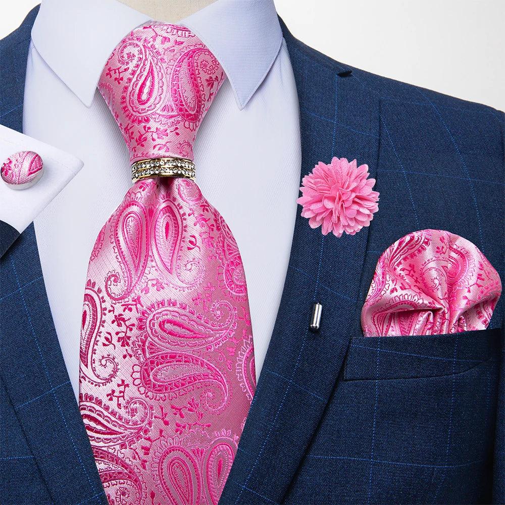 Kit Gravata Masculina Floral de 8cm com Lenço, Abotoaduras e Broche