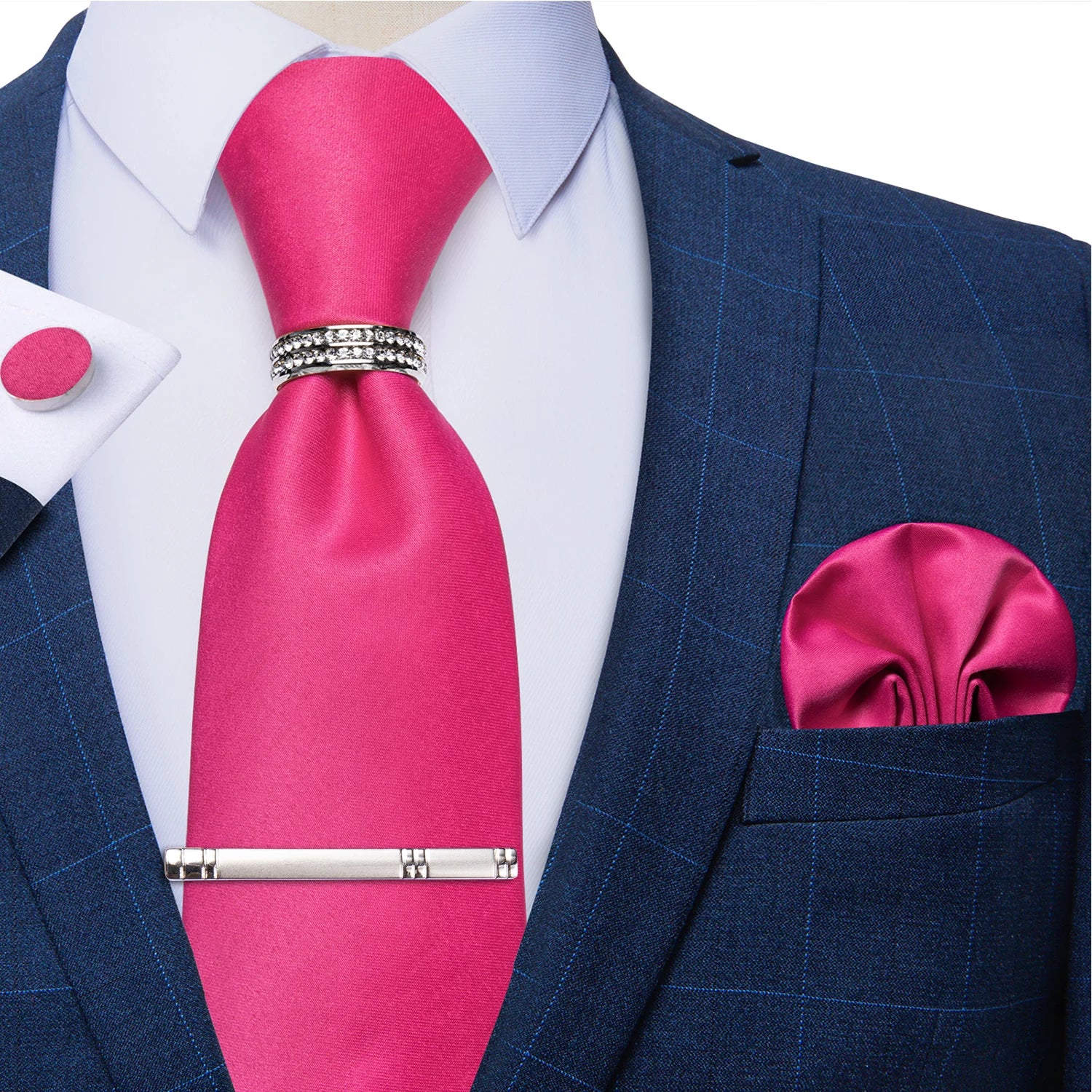 Conjunto Gravata Masculina 8cm com Clipe de Prata, Anel, Lenço e Abotoaduras