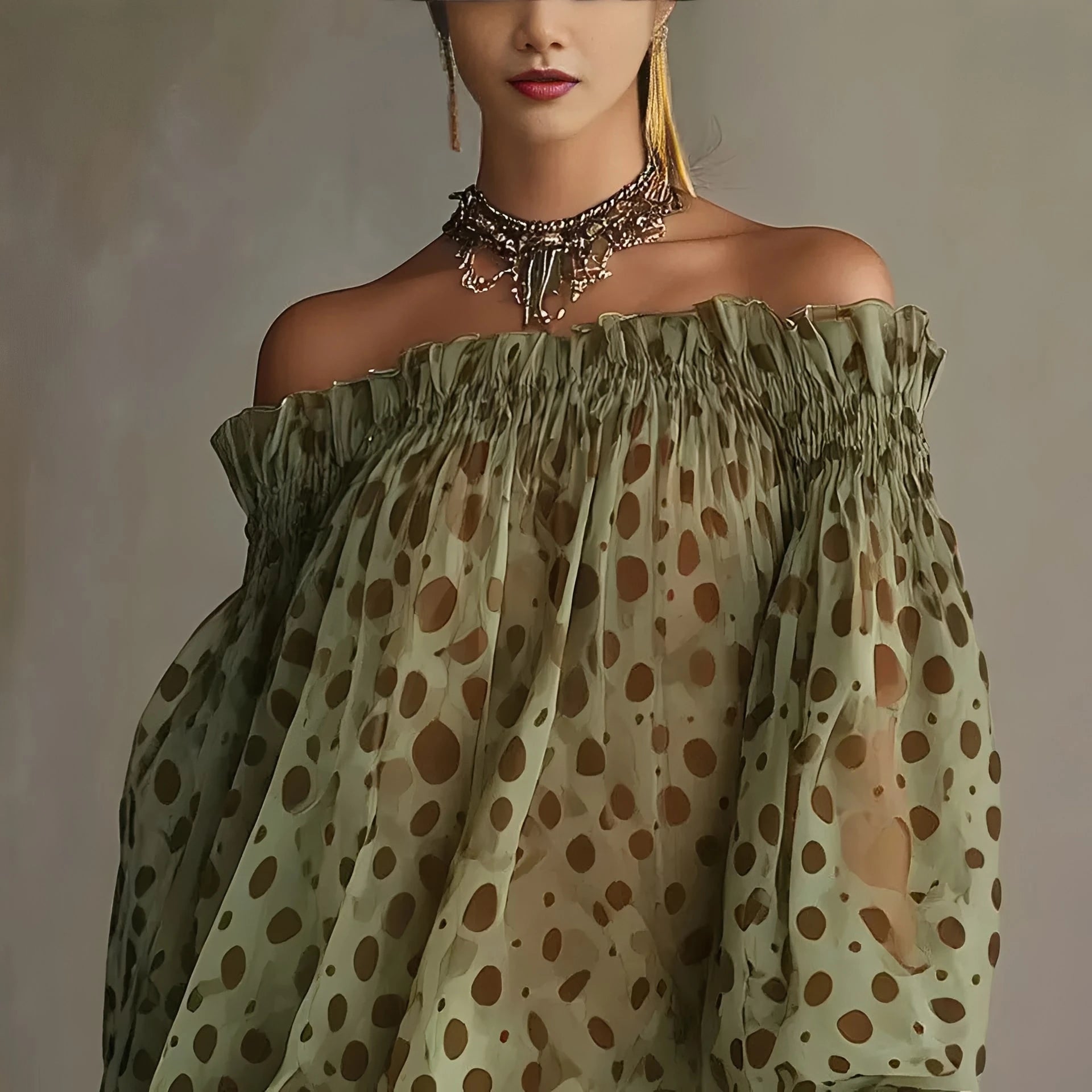 Vestido Curto Feminino Ombro à Ombro com Estampa de Bolinhas by Loja Bruna Modas