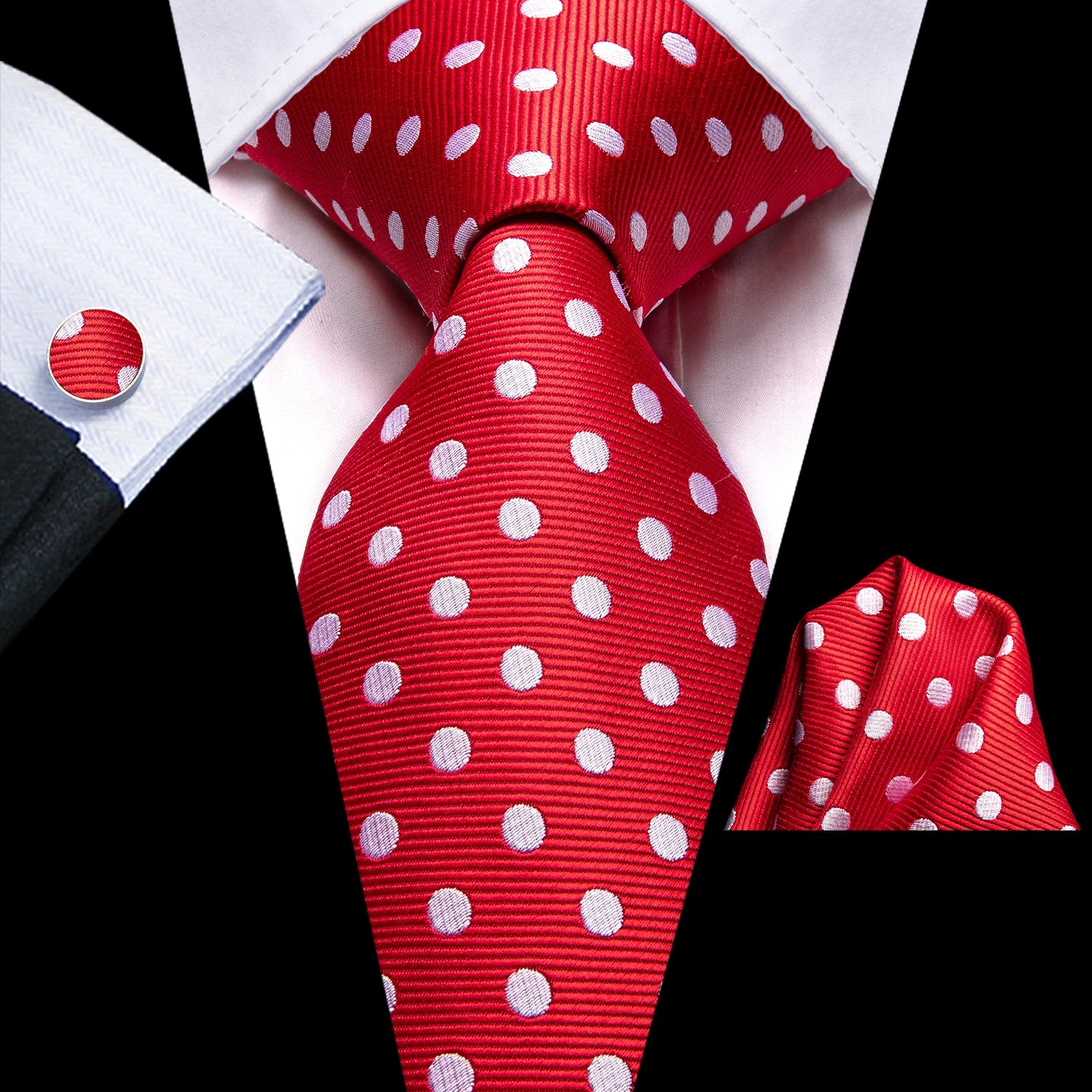 Conjunto de 3 Peças Gravata Masculina de Seda Vermelha com Lenço e Abotoaduras