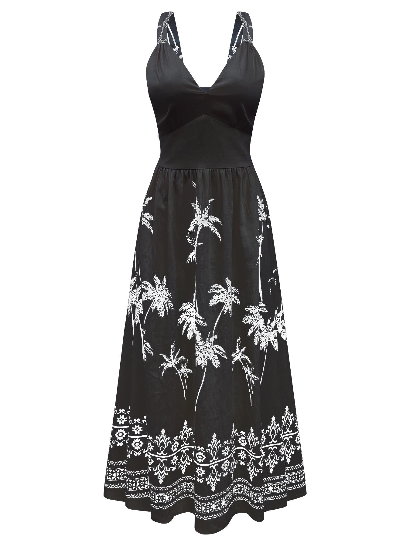 Vestido Midi Estampado de Palmeiras com Decote V e Alças Finas Boho