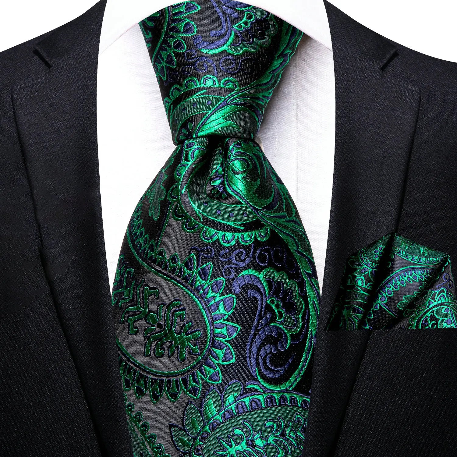 Gravata Masculina Verde Floral com Lenço de Bolso