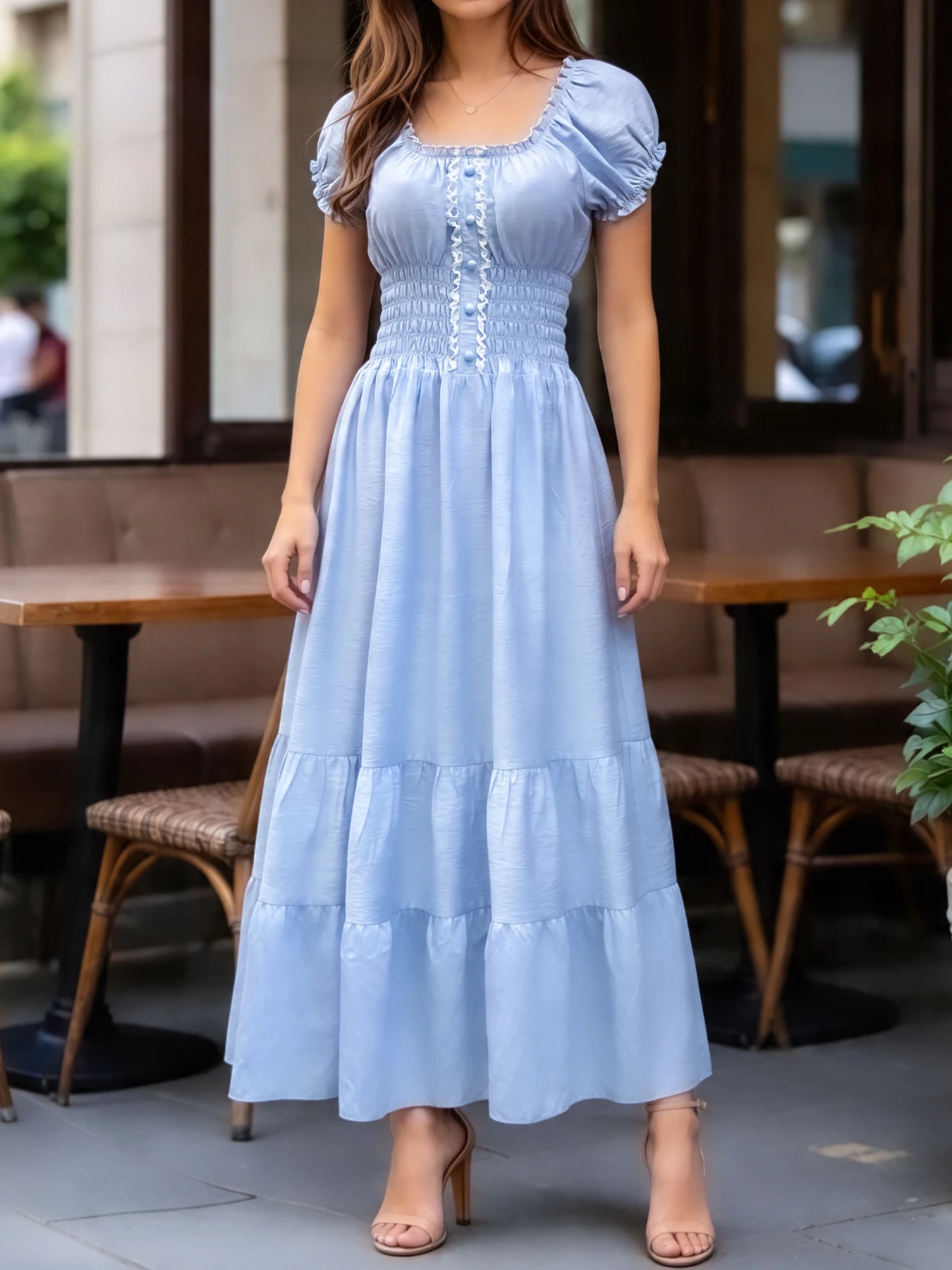 Vestido Longo Elegante Com Decote Quadrado Manga Bolha