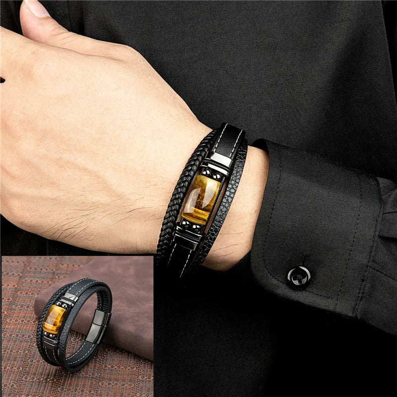 Pulseira Masculina de Couro Olho de Tigre Natural
