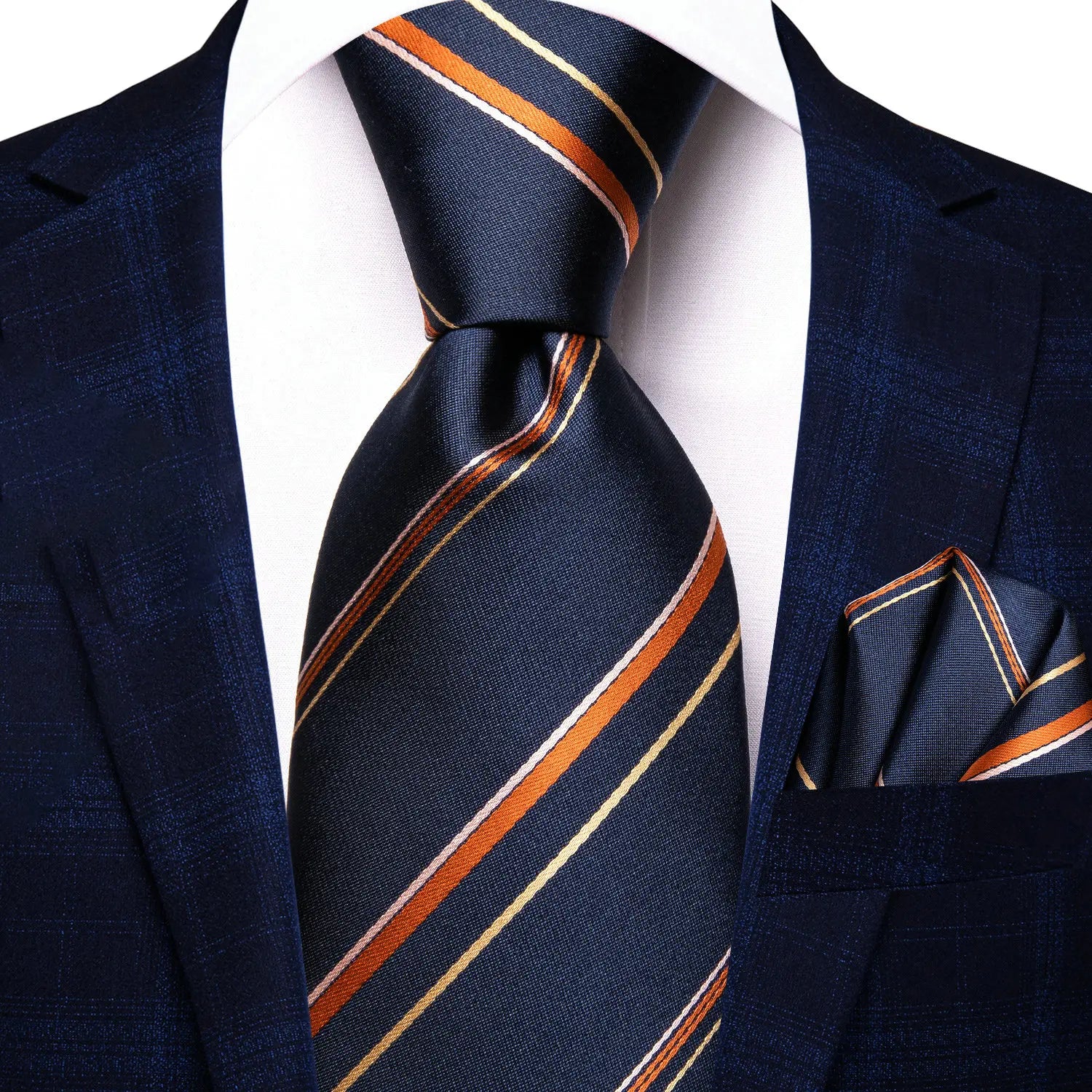 Gravata Masculina Azul Escuro Listrado com Lenço de Bolso