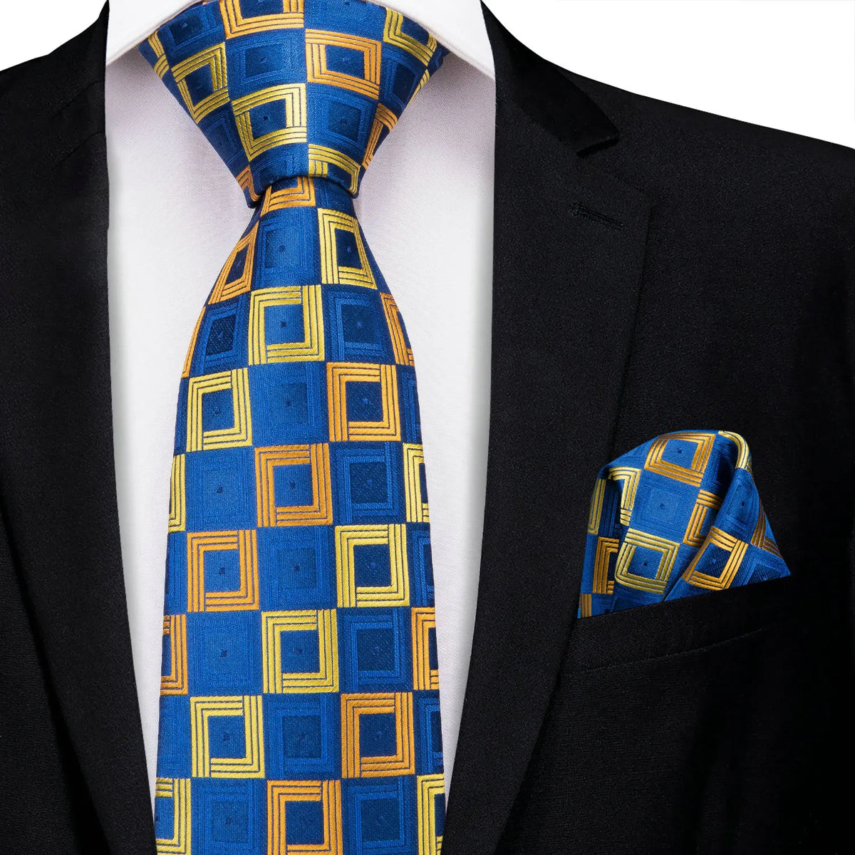 Gravata Masculina Clássica Azul de Poliéster com Lenço de Bolso