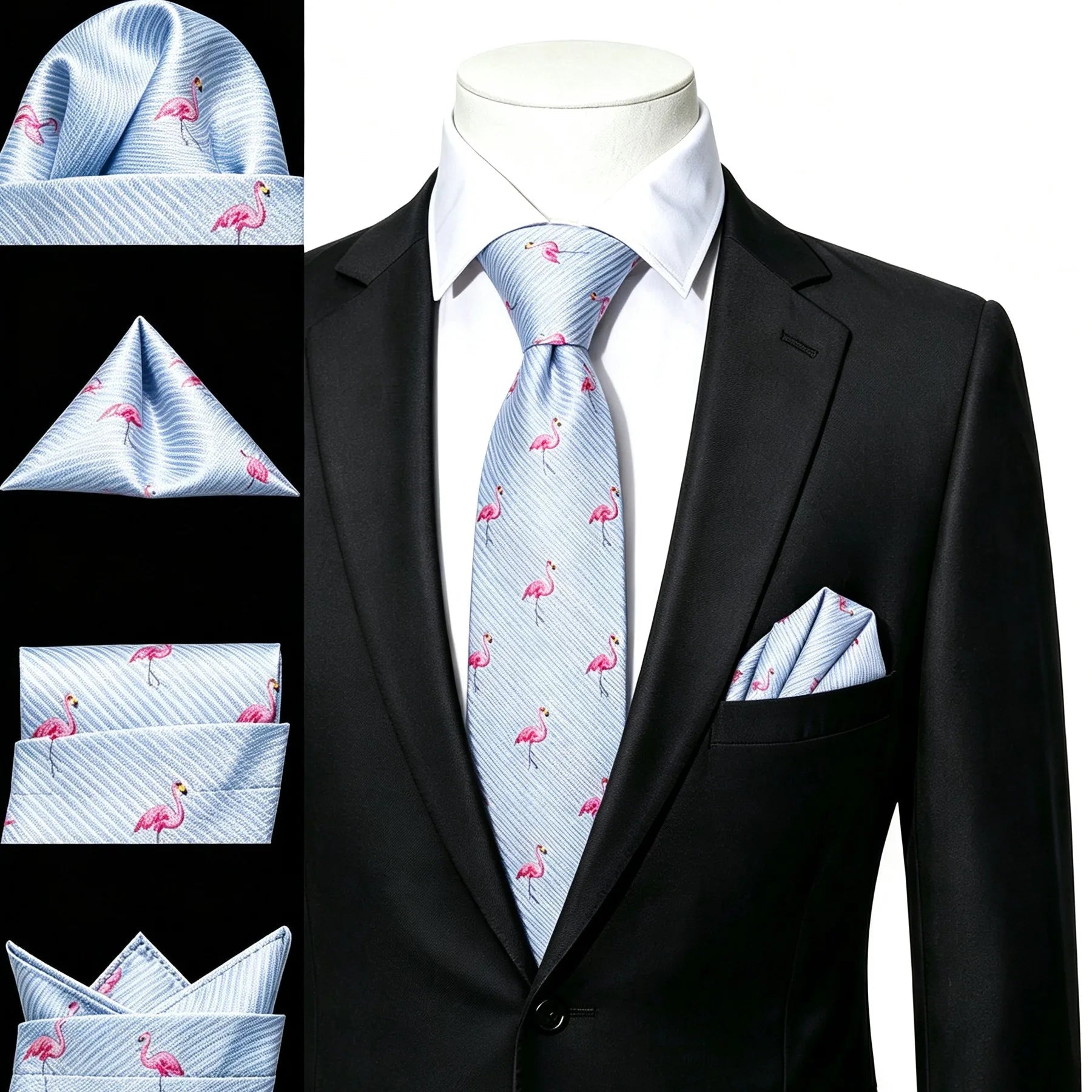 Gravata Masculina Azul Claro com Estampa de Flamingos