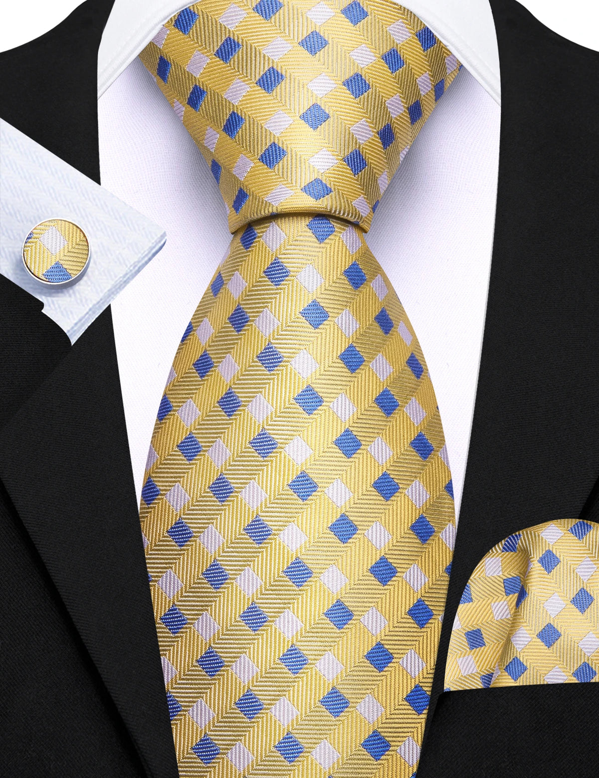 Gravata Masculina Clássica de Poliéster com Lenço de Bolso e Abotoaduras