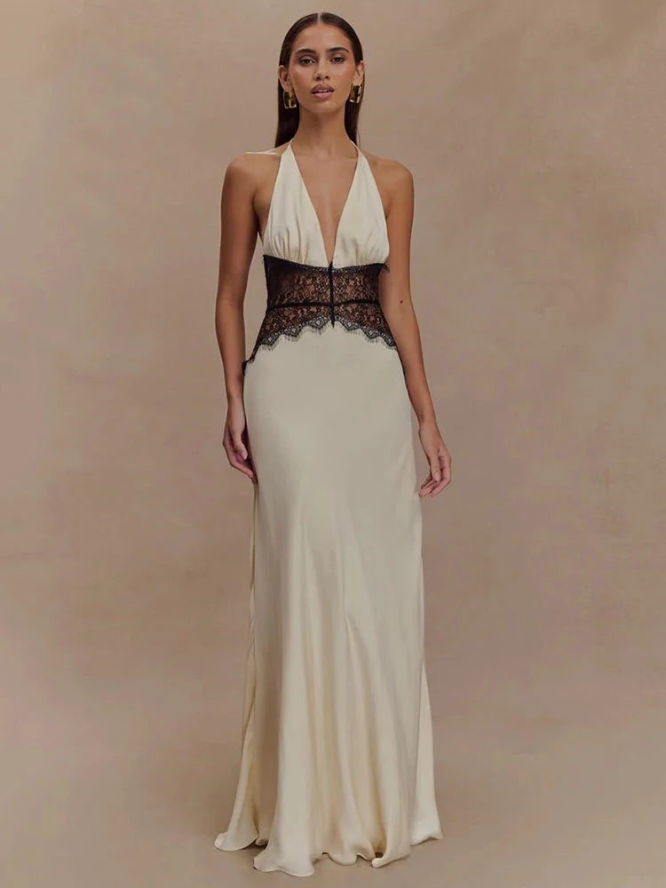 vestido longo feminino gola alta com detalhe de cetim elegante