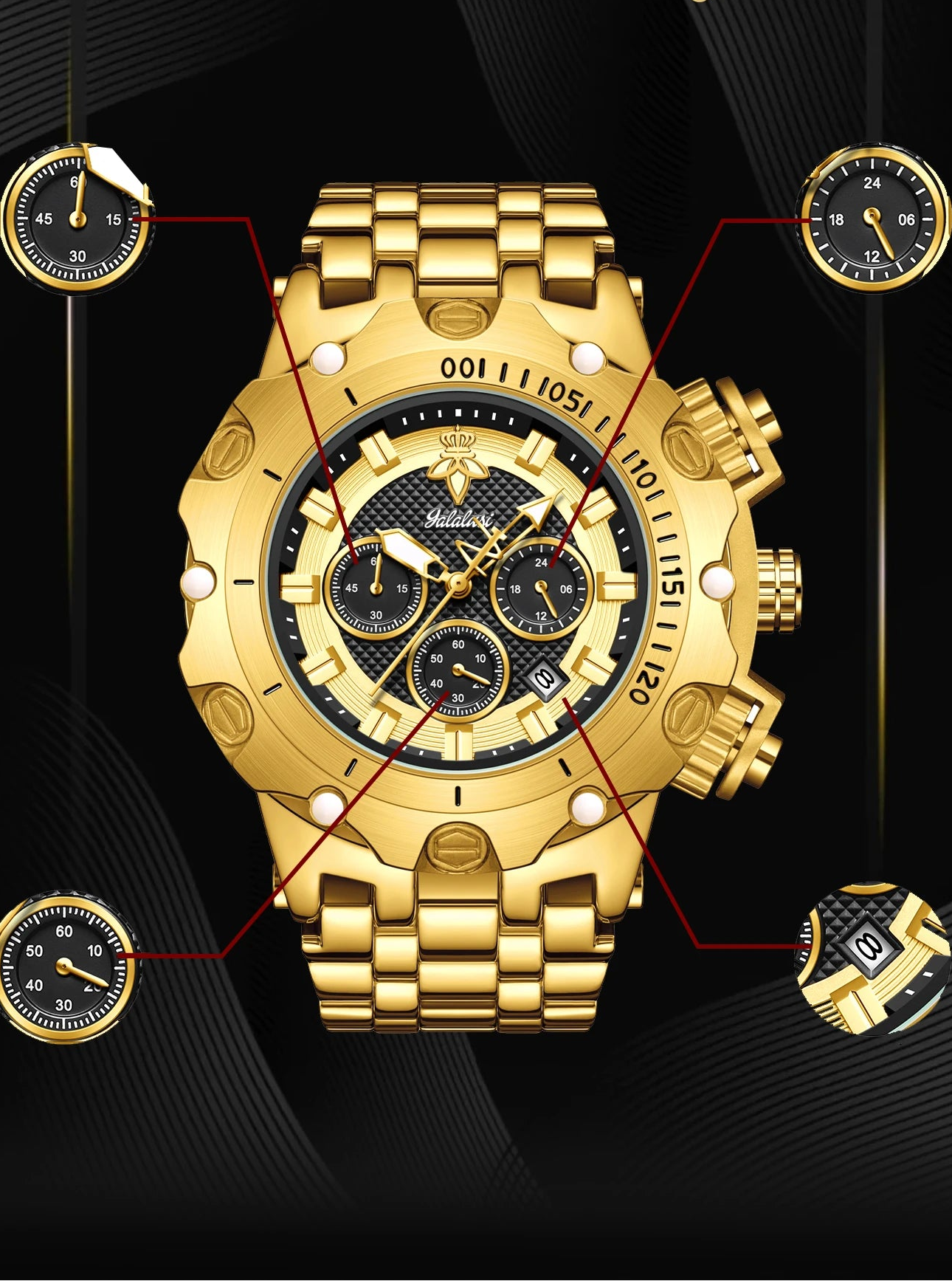 Relógio Masculino de Quartzo YaLaLuSi Golden Luxury by Loja Bruna Modas