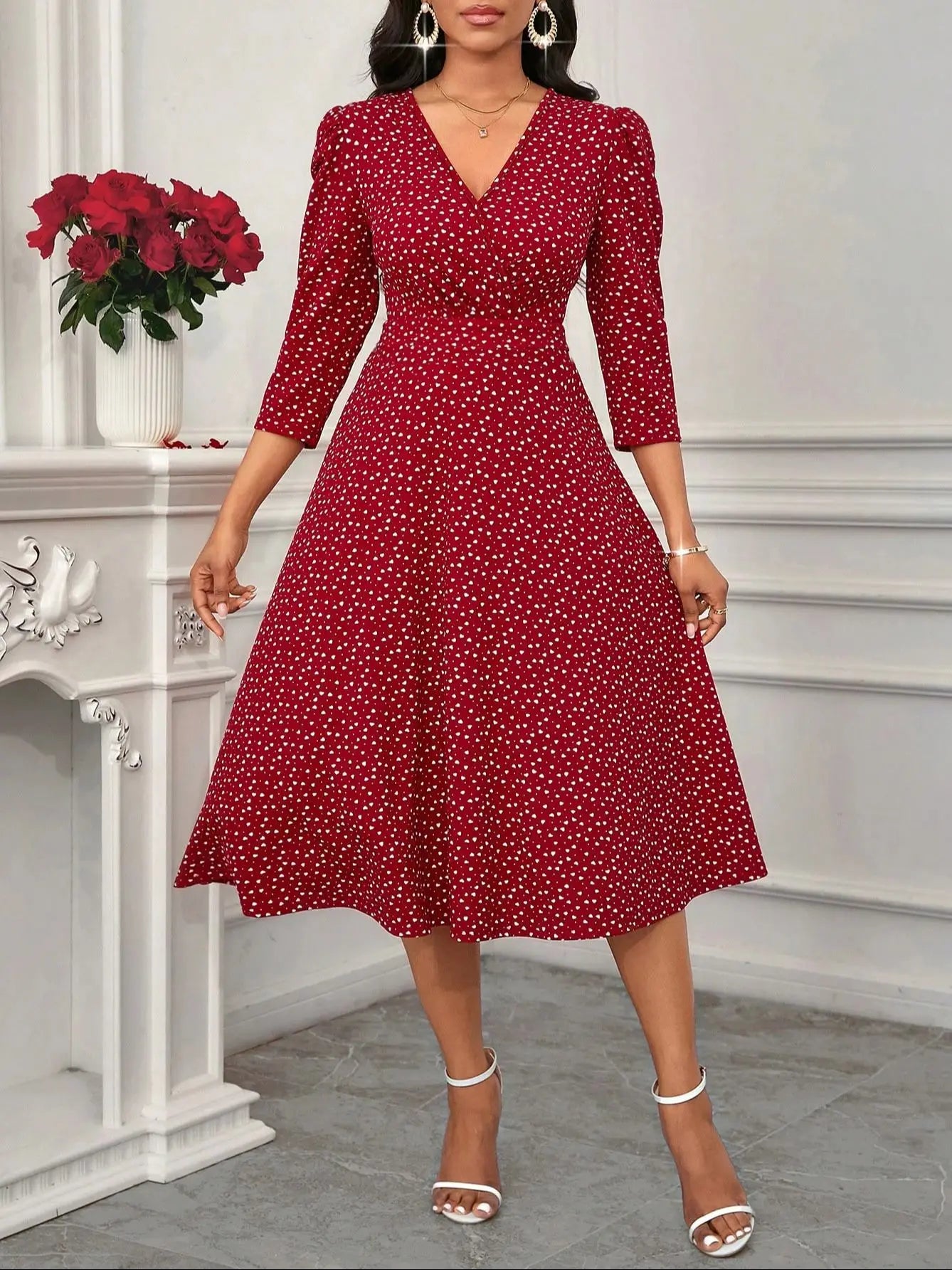 Vestido Midi Feminino Bordô Decote em V by Loja Bruna Modas