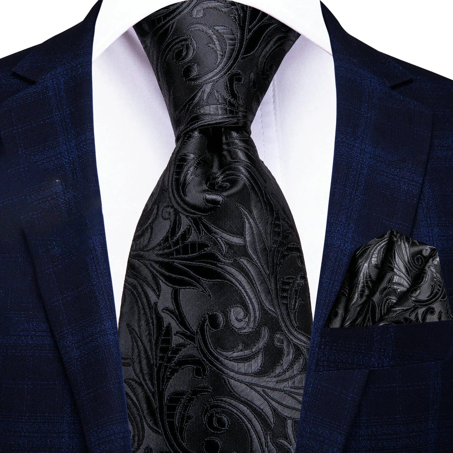 Gravata Masculina Poliéster Preto Floral com Lenço de Bolso