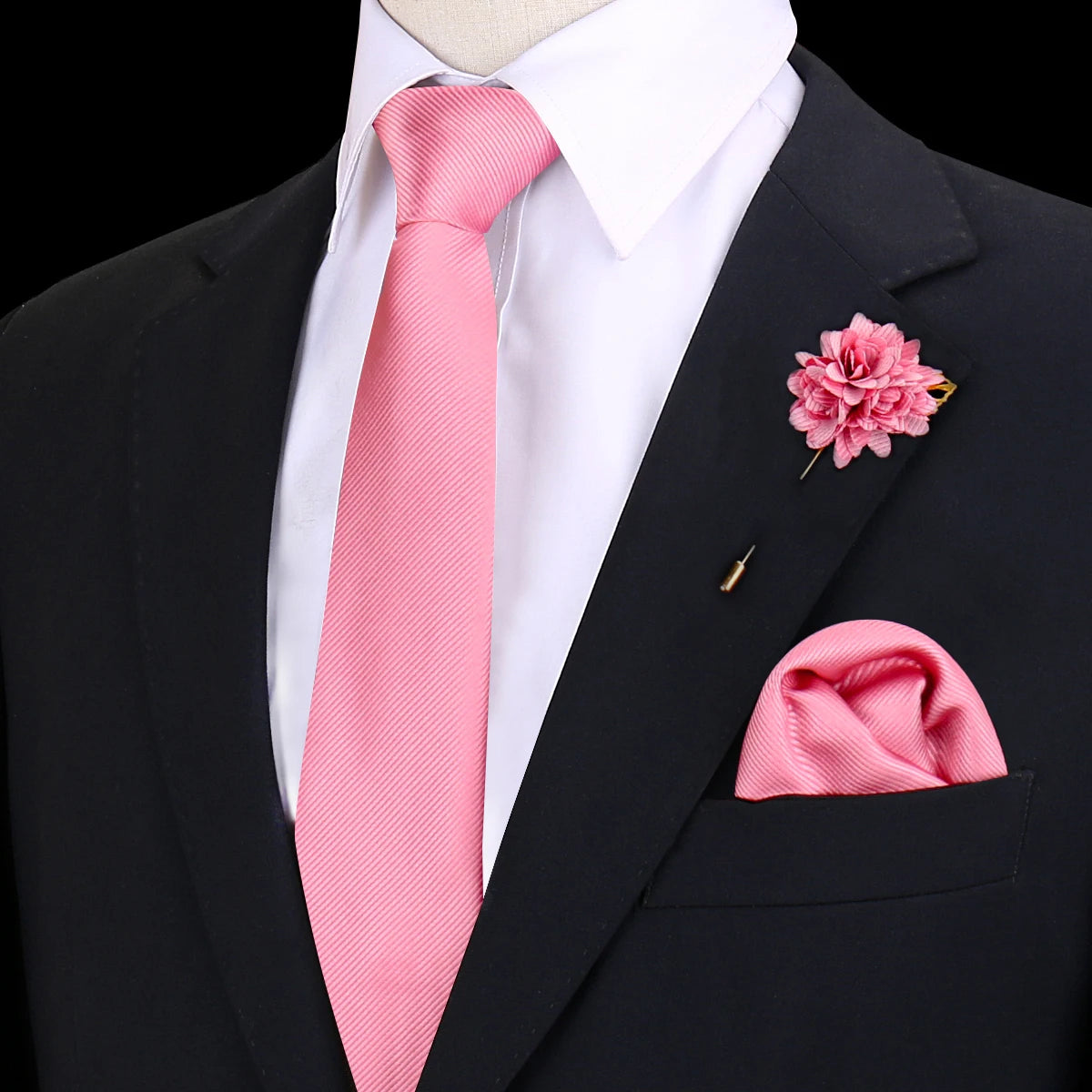 Gravata Masculina Lisa Poliéster com Broche e Lenço de Bolso
