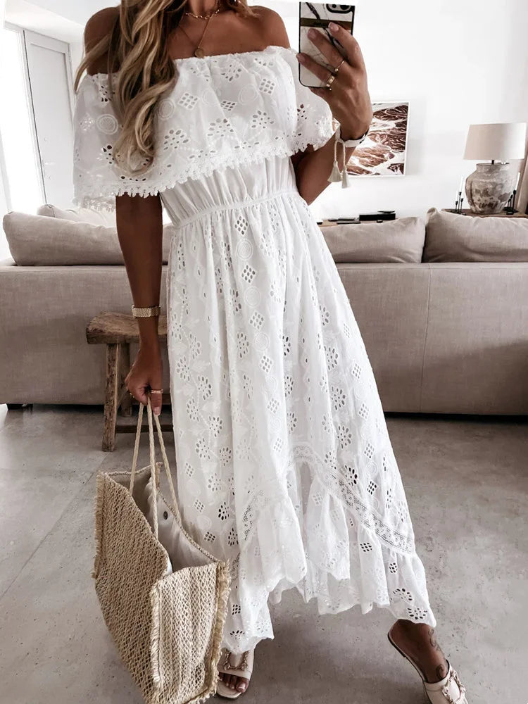 Vestido Longo Feminino Casual Babados de Renda by Loja Bruna Modas