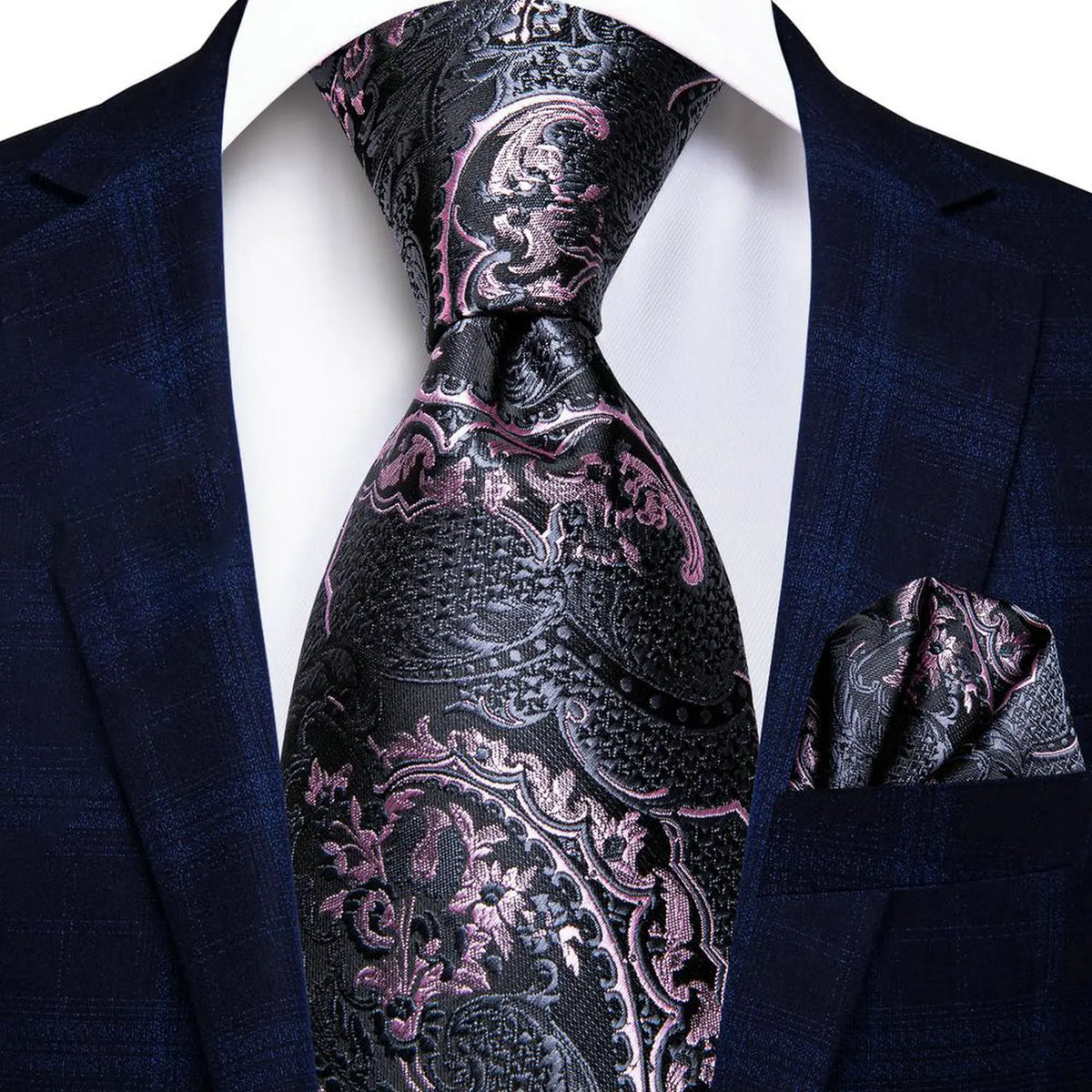 Gravata Masculina Preta e Rosa Floral com Lenço de Bolso