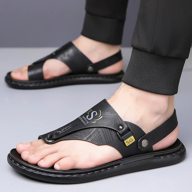Sandália Masculina de Couro PU de Sola Grossa Antiderrapante