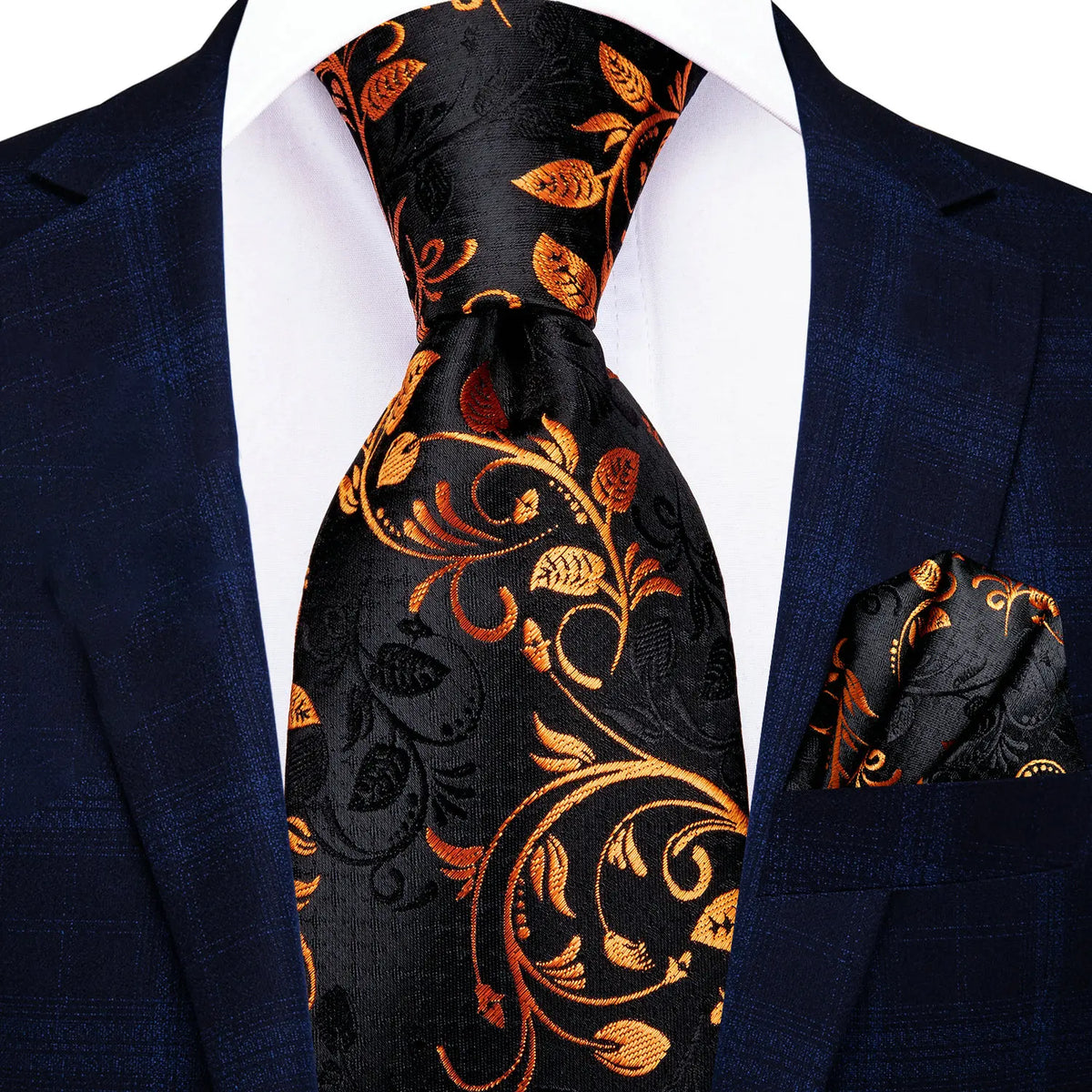 Gravata Masculina Preto Floral com Lenço de Bolso