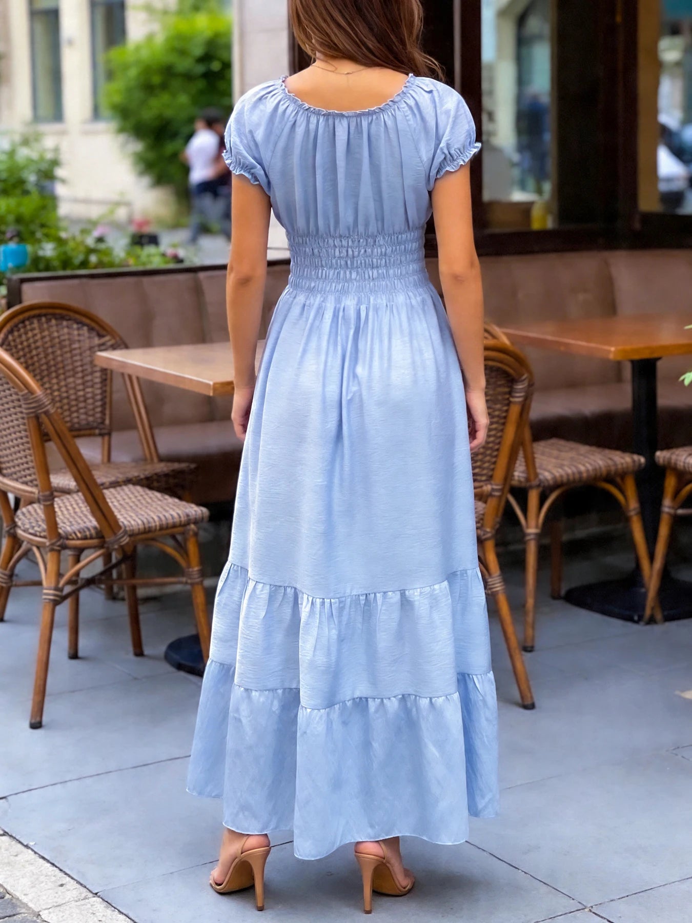 Vestido Longo Elegante Com Decote Quadrado Manga Bolha