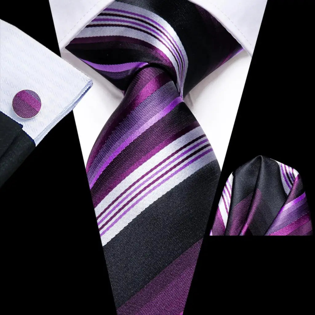 Kit de Gravata Masculina de Seda Jacquard com Lenço e Abotoaduras