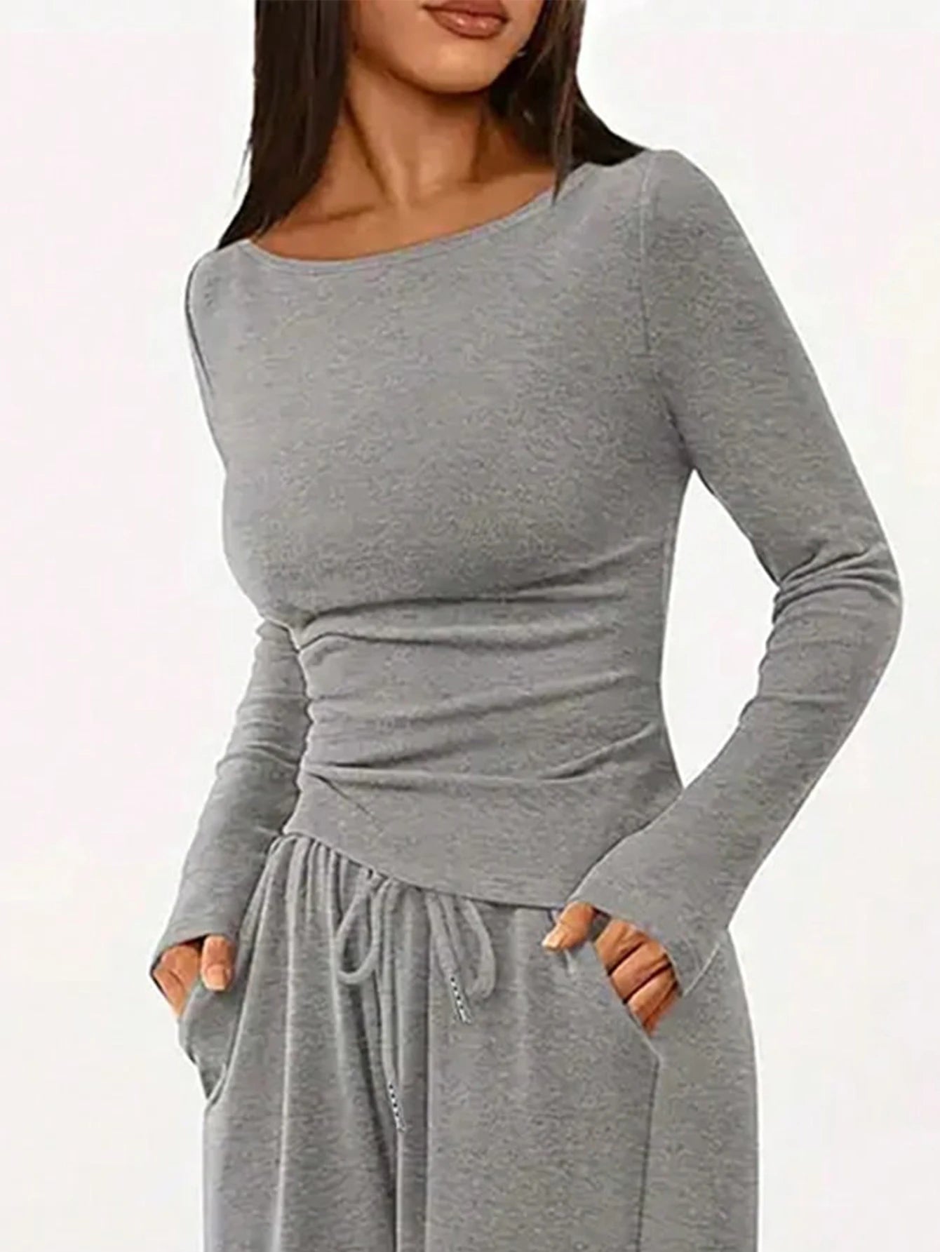 Conjunto Feminino Casual Cinza Cintura Alta Estilo Rua