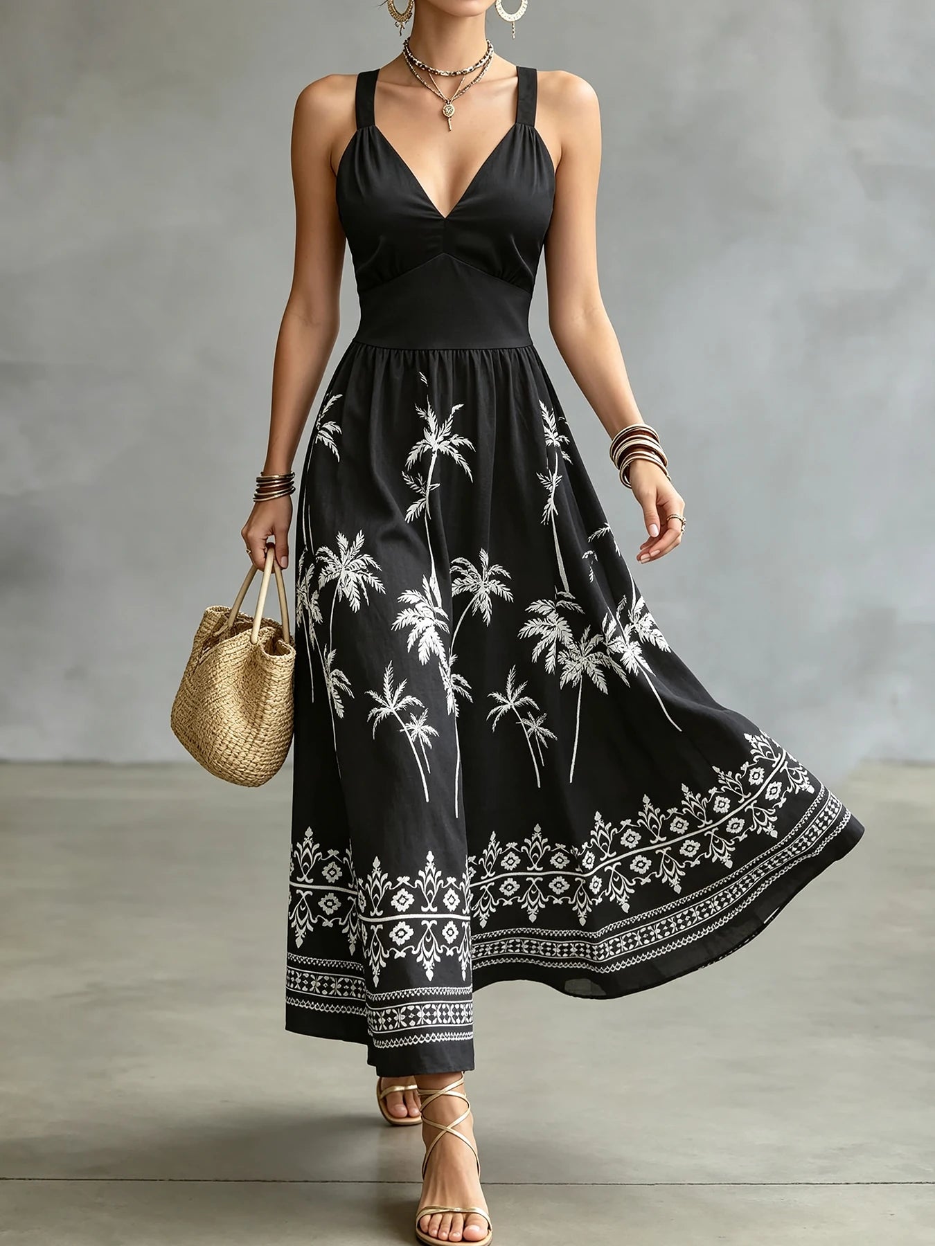 Vestido Midi Estampado de Palmeiras com Decote V e Alças Finas Boho