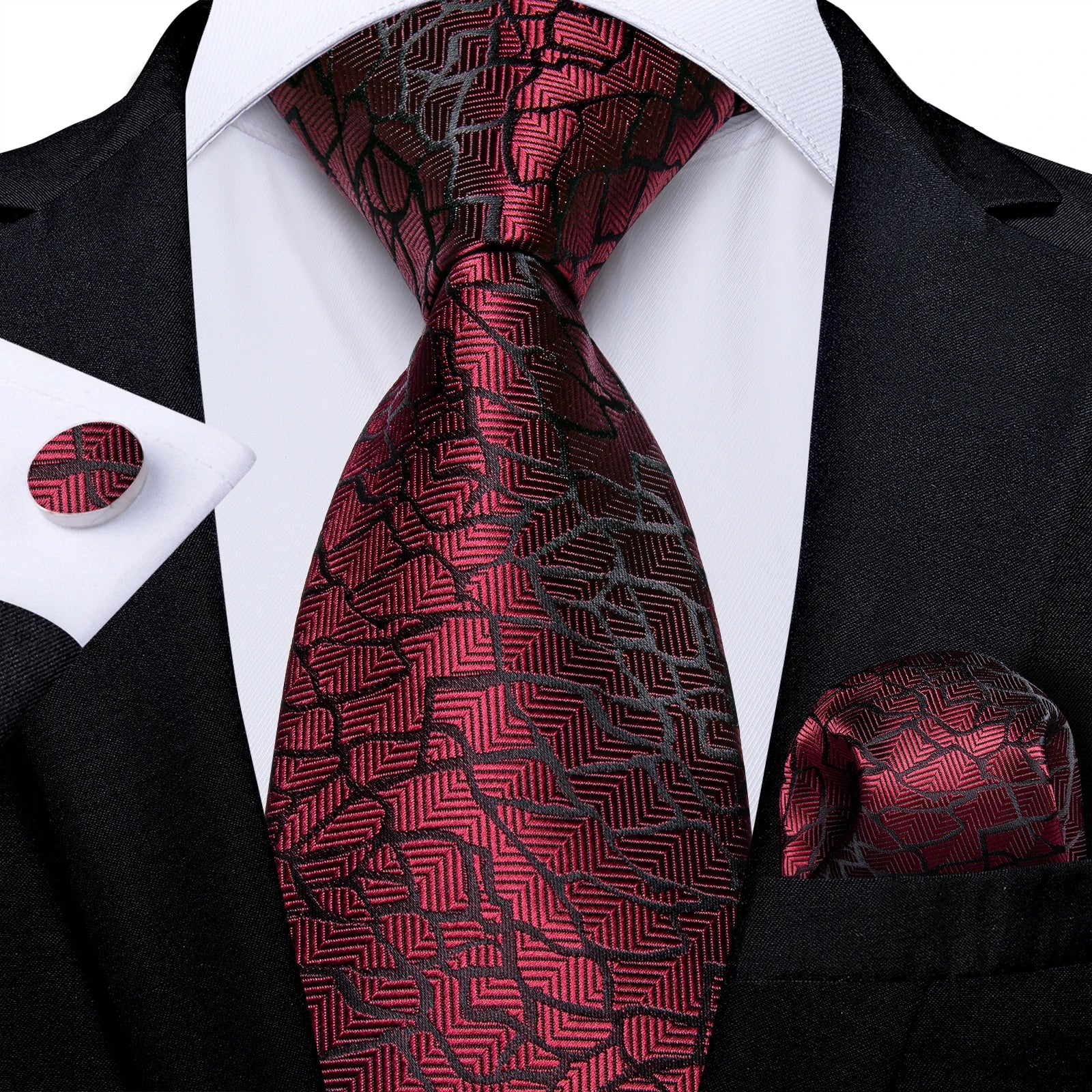 Kit Gravata Masculina Social Paisley Vermelha com Lenço e Abotoaduras