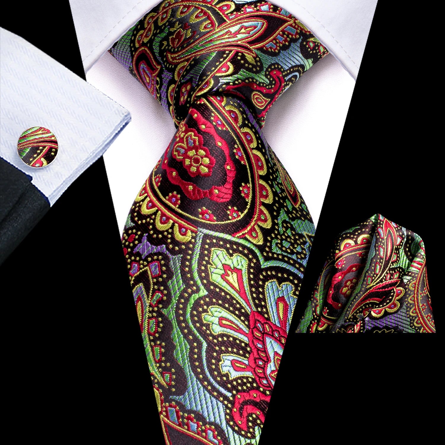 Conjunto de 3 Peças Gravata Masculina de Seda Vermelha com Lenço e Abotoaduras