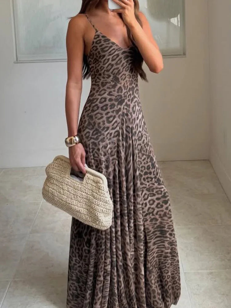 Vestido Feminino Verão Leopardo Cintura Alta Sem Costas Decote V Longo Maxi Chic