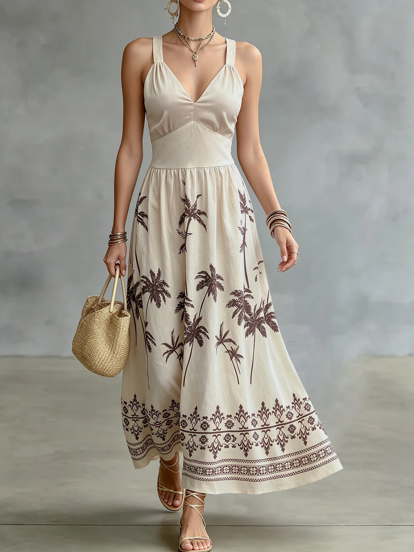 Vestido Midi Estampado de Palmeiras com Decote V e Alças Finas Boho