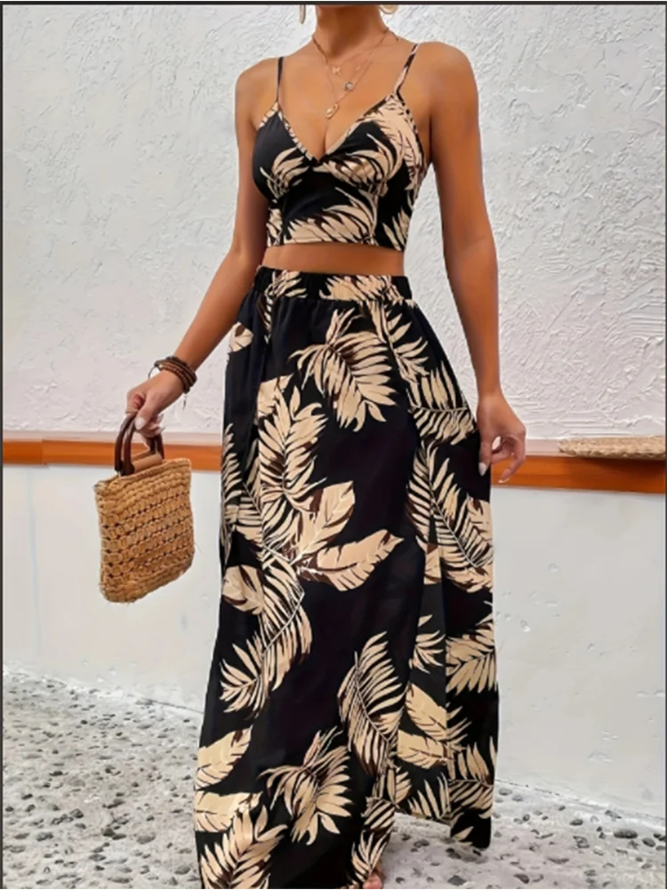 Conjunto Feminino Casual Estampado Com Decote Profundo E Fenda