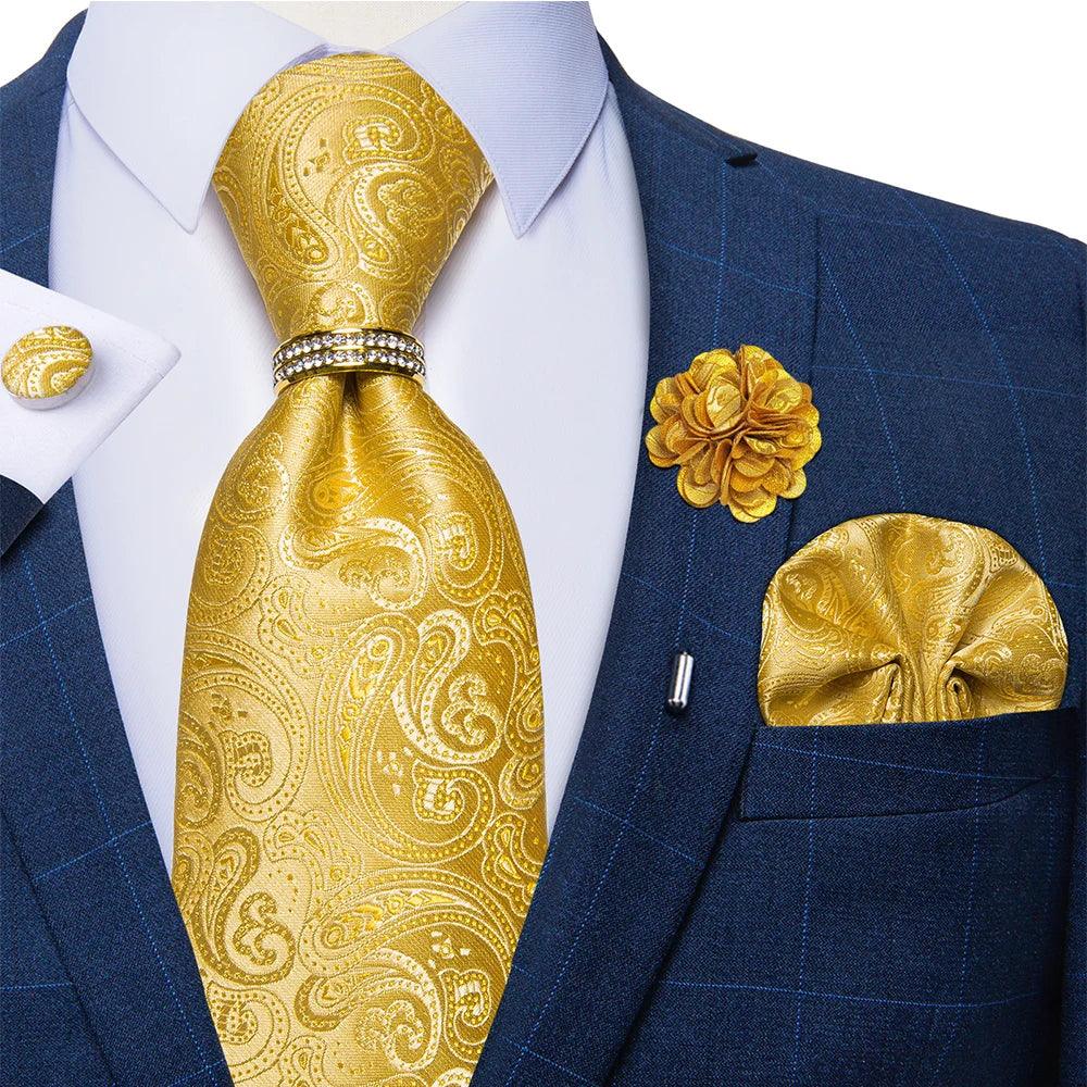 Kit Gravata Masculina Floral de 8cm com Lenço, Abotoaduras e Broche