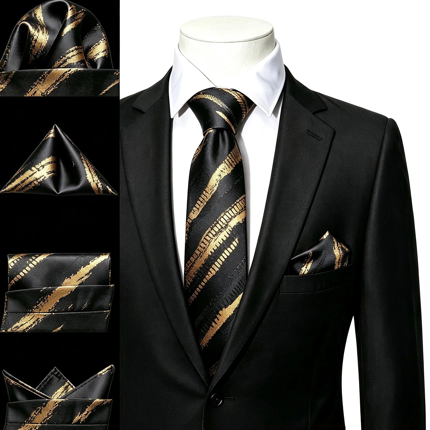 Gravata Masculina de Poliéster Preto Listrado com Lenço de Bolso