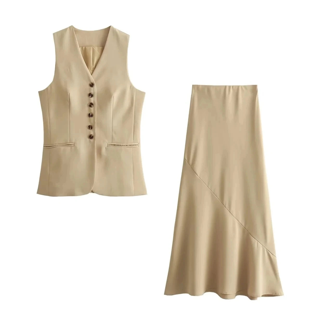 Conjunto Feminino Com Colete Sem Mangas E Saia Longa Cáqui