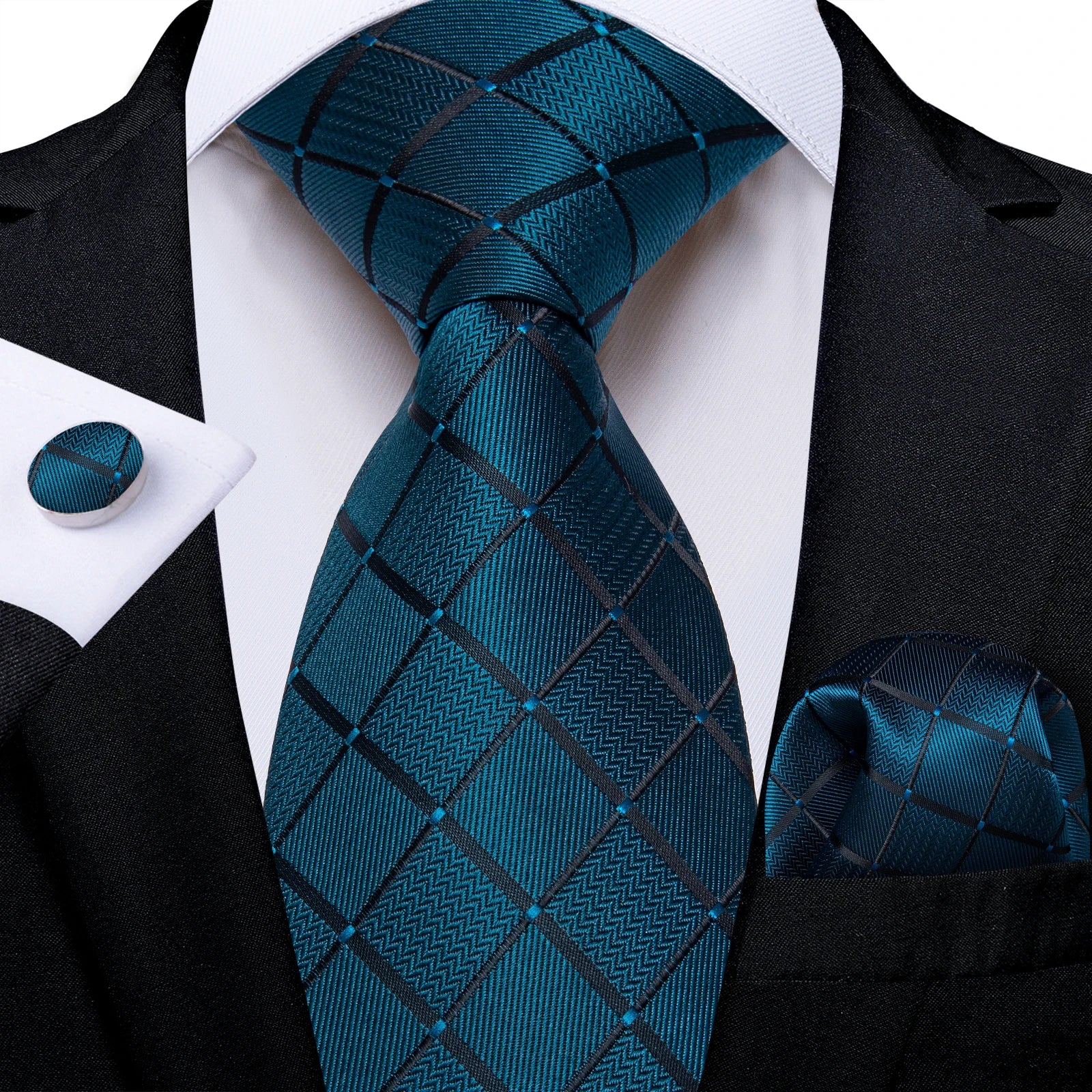 Conjunto Gravata Masculina Azul Xadrez Com Lenço E Abotoaduras