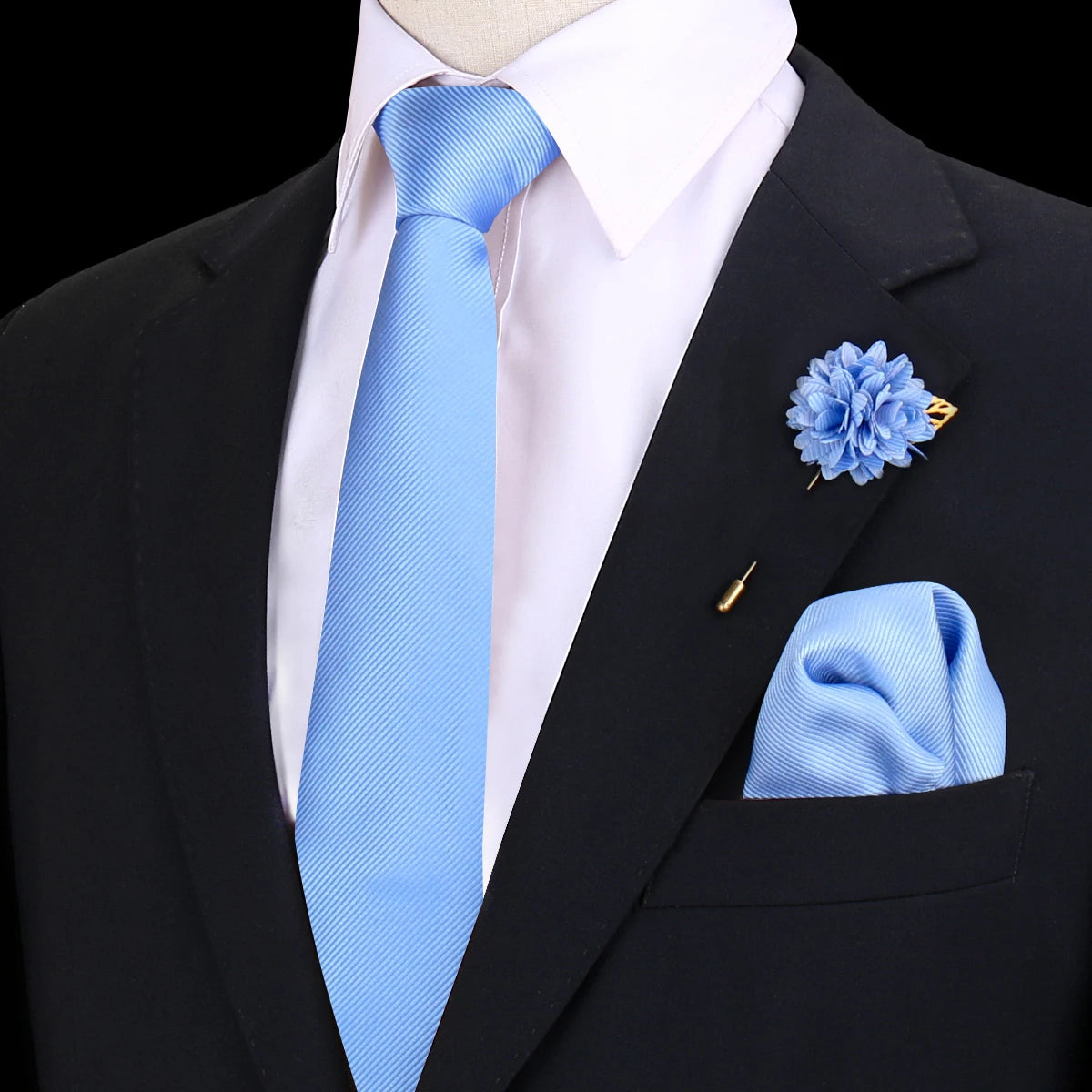 Gravata Masculina Lisa Poliéster com Broche e Lenço de Bolso