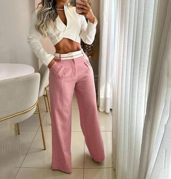 Conjunto Feminino Elegante de Gola V e Calça Reta