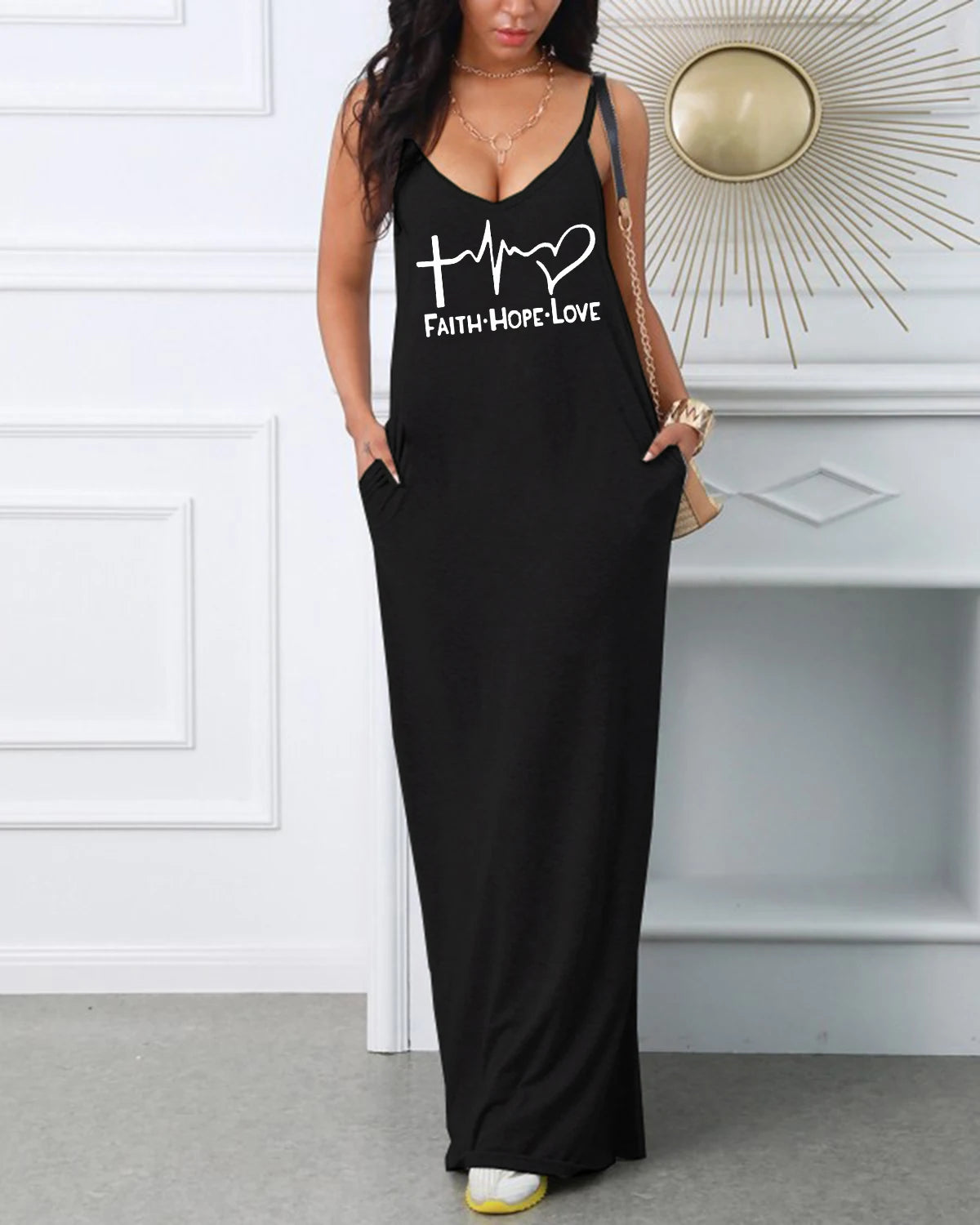 Vestido Longo Feminino Casual Decote em V com Estampa by Loja Bruna Modas