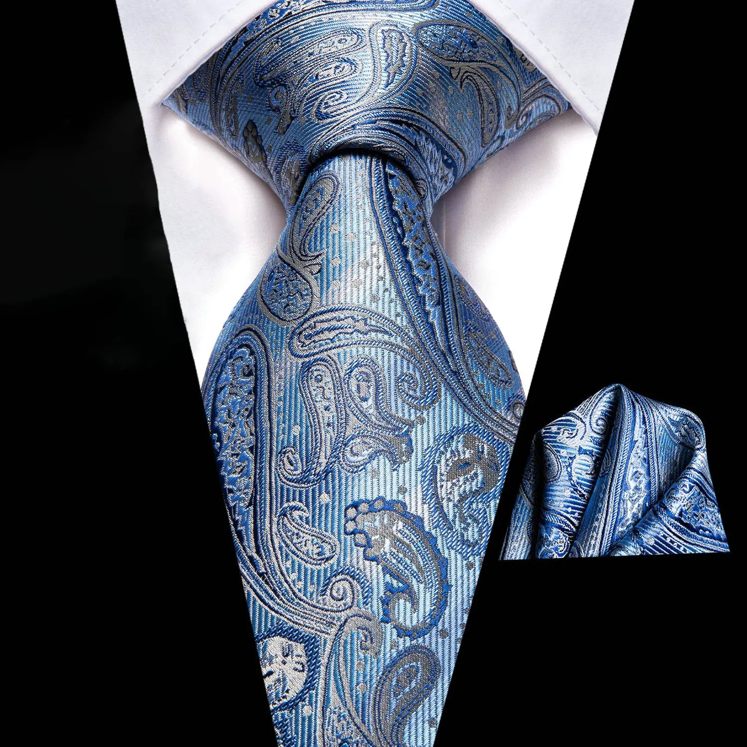 Gravata Masculina Azul Estampa Paisley com Lenço de Bolso