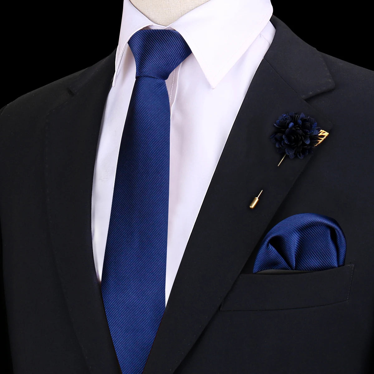 Gravata Masculina Lisa Poliéster com Broche e Lenço de Bolso