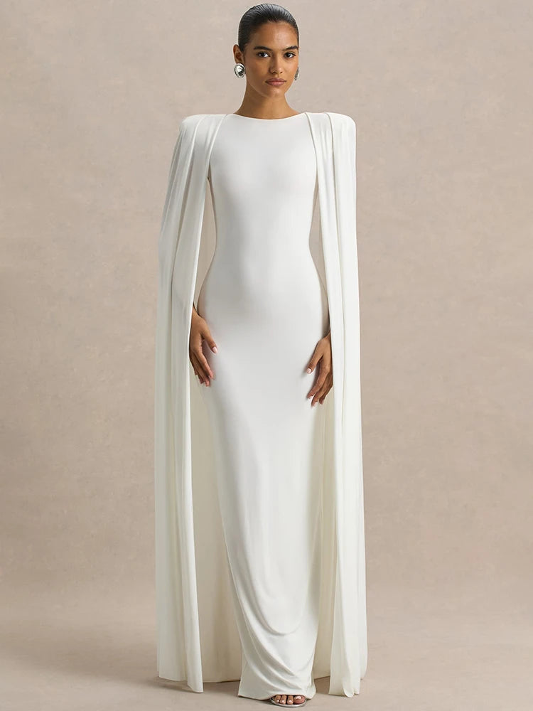 Vestido Longo Slim Elegante com Mangas Capa de Morcego